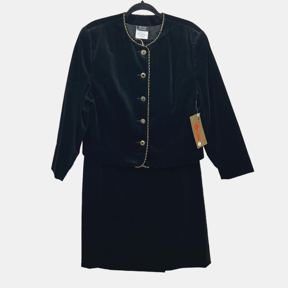 Tan Jay Womens 2 Pcs Suit Blazer and Skirt Velvet Gold‎ Thread Trim Black 12/14